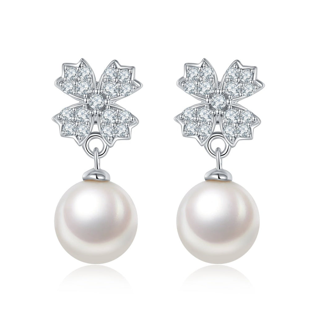 Boucles d'oreilles pendantes en argent sterling S925, perle d'eau douce naturelle, trèfle pavé, perle ronde en forme de larme, plaqué platine, 2g, boîte cadeau - IVOIRART.COM