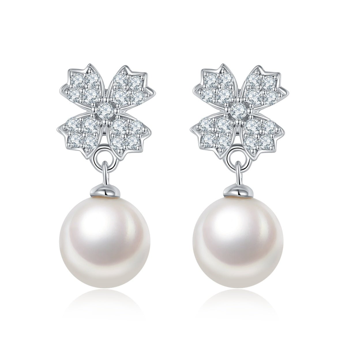 Boucles d'oreilles pendantes en argent sterling S925, perle d'eau douce naturelle, trèfle pavé, perle ronde en forme de larme, plaqué platine, 2g, boîte cadeau - IVOIRART.COM