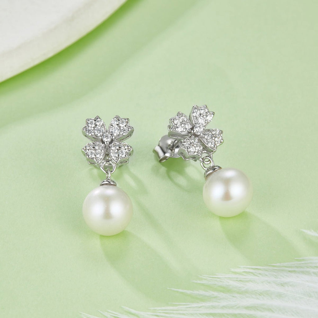 Boucles d'oreilles pendantes en argent sterling S925, perle d'eau douce naturelle, trèfle pavé, perle ronde en forme de larme, plaqué platine, 2g, boîte cadeau - IVOIRART.COM