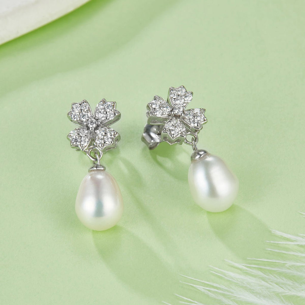 Boucles d'oreilles pendantes en argent sterling S925, perle d'eau douce naturelle, trèfle pavé, perle ronde en forme de larme, plaqué platine, 2g, boîte cadeau - IVOIRART.COM