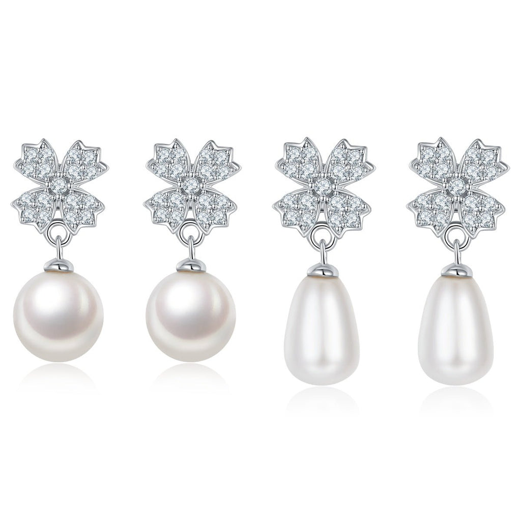 Boucles d'oreilles pendantes en argent sterling S925, perle d'eau douce naturelle, trèfle pavé, perle ronde en forme de larme, plaqué platine, 2g, boîte cadeau - IVOIRART.COM