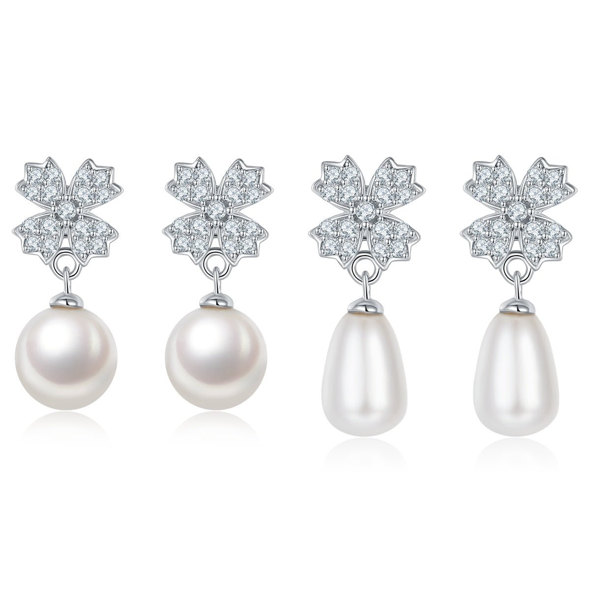 Boucles d'oreilles pendantes en argent sterling S925, perle d'eau douce naturelle, trèfle pavé, perle ronde en forme de larme, plaqué platine, 2g, boîte cadeau - IVOIRART.COM