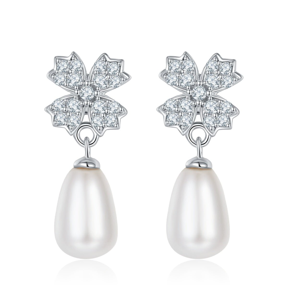 Boucles d'oreilles pendantes en argent sterling S925, perle d'eau douce naturelle, trèfle pavé, perle ronde en forme de larme, plaqué platine, 2g, boîte cadeau - IVOIRART.COM