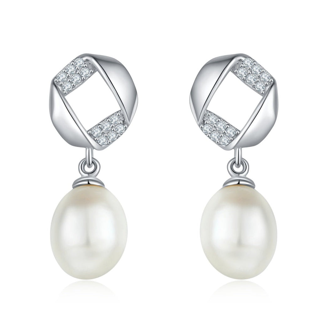 Boucles d'oreilles pendantes en argent sterling S925, perles d'eau douce naturelles, design géométrique pavé, perle goutte, plaqué platine, 1,4 g, coffret cadeau - IVOIRART.COM