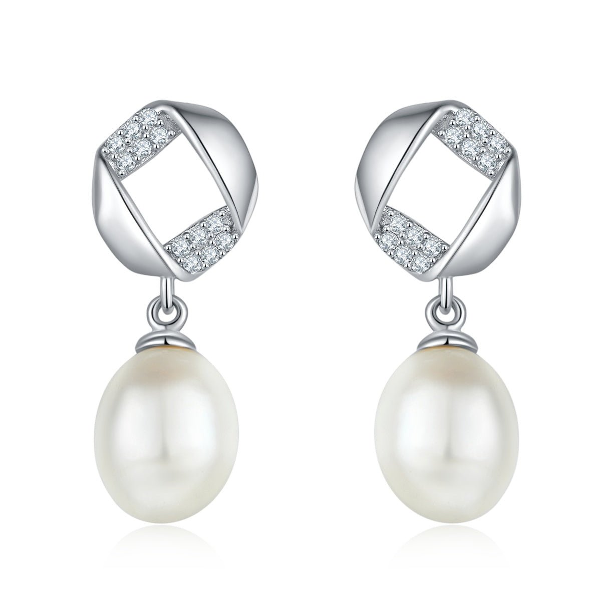 Boucles d'oreilles pendantes en argent sterling S925, perles d'eau douce naturelles, design géométrique pavé, perle goutte, plaqué platine, 1,4 g, coffret cadeau - IVOIRART.COM