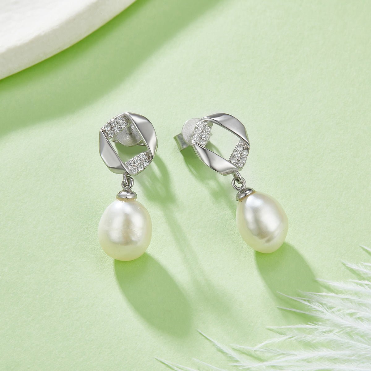 Boucles d'oreilles pendantes en argent sterling S925, perles d'eau douce naturelles, design géométrique pavé, perle goutte, plaqué platine, 1,4 g, coffret cadeau - IVOIRART.COM