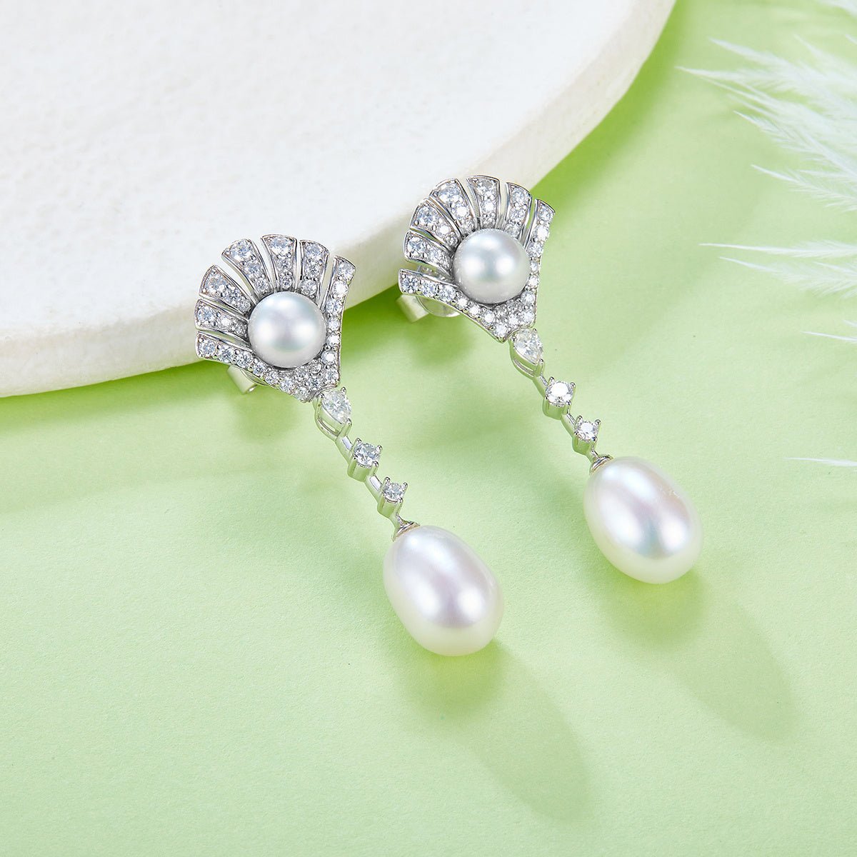 Boucles d'oreilles pendantes en argent sterling S925, perles goutte, pavé éventail, plaqué platine, 4,5 g, coffret cadeau - IVOIRART.COM