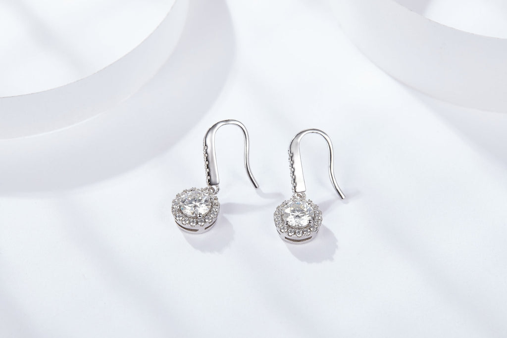 Boucles d'oreilles pendantes halo moissanite en argent sterling S925 0,5 ou 1CT, plaqué platine, avec certificat GRA, coffret cadeau pour femmes - IVOIRART.COM