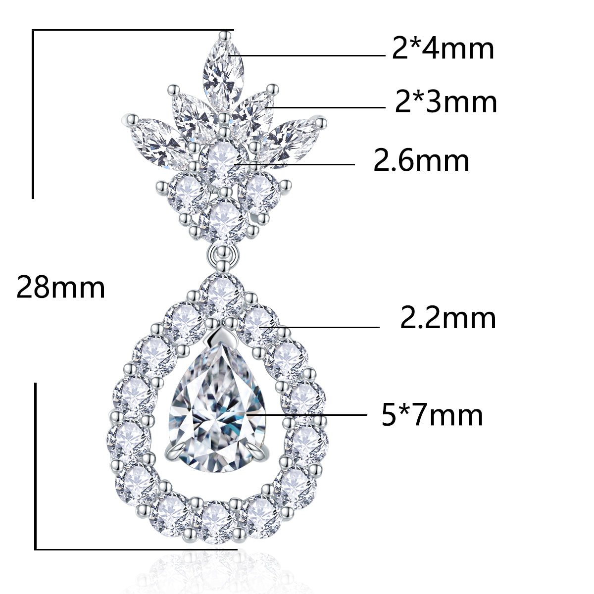 Boucles d'oreilles pendantes Moissanite poire 5x7 mm en argent S925 plaqué platine, certificat GRA, coffret cadeau - IVOIRART.COM