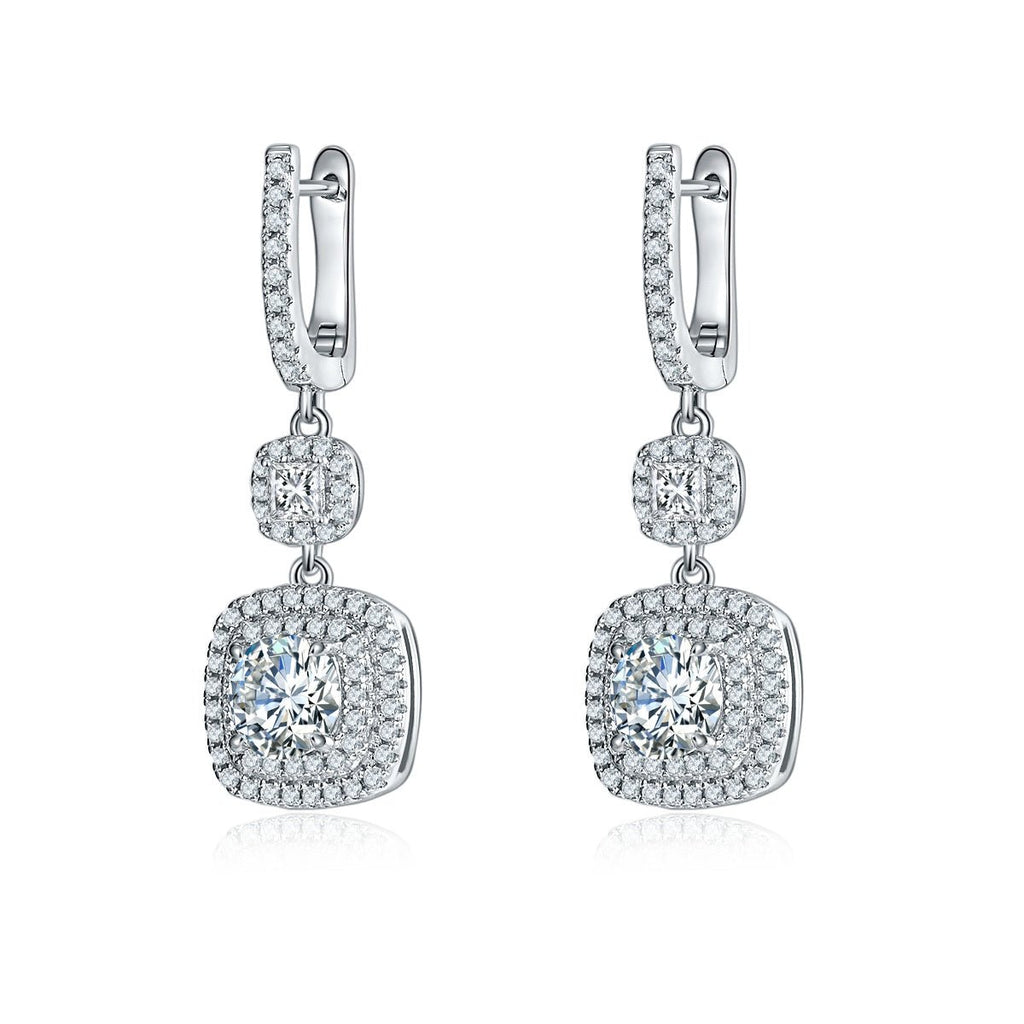 Boucles d'oreilles pendantes S925 argent 1ct Moissanite D-VVS1 double halo cadeau - IVOIRART.COM