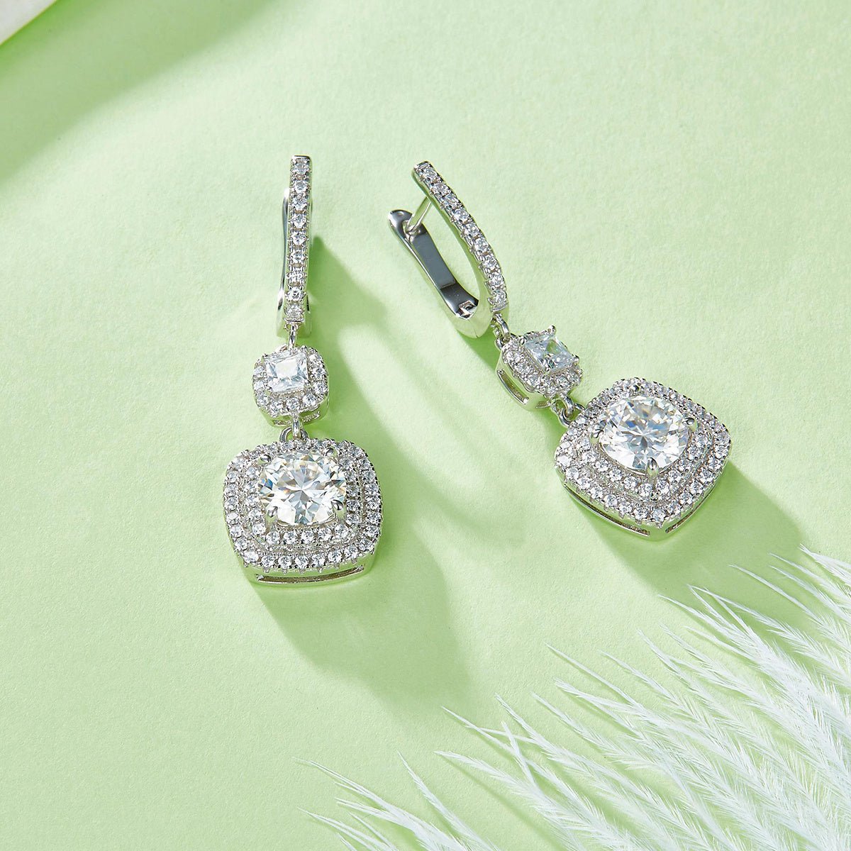 Boucles d'oreilles pendantes S925 argent 1ct Moissanite D-VVS1 double halo cadeau - IVOIRART.COM