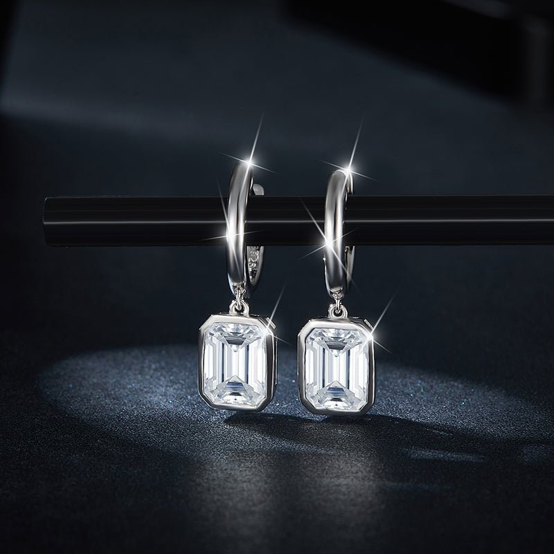 Boucles d’oreilles pendentif Moissanite taille émeraude 6x8mm en argent S925 plaqué platine set cadeau - IVOIRART.COM