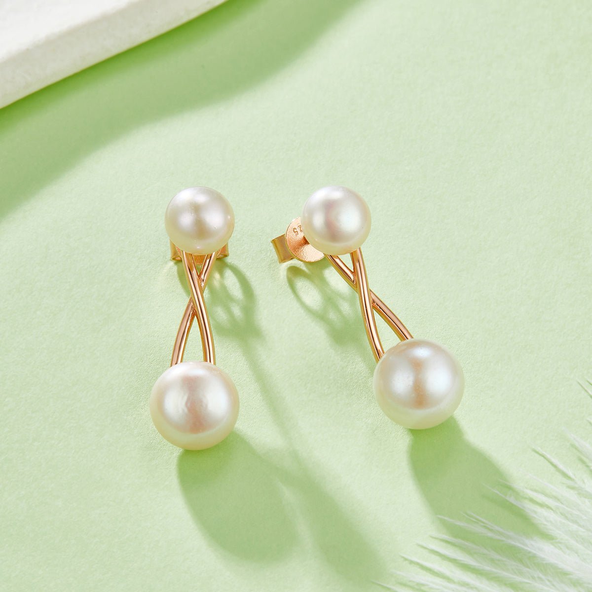Boucles d'oreilles perles naturelles en argent sterling S925, légères 1,1 g, design croisé, 3 couleurs, plaquées platine, or et or rose, coffret cadeau - IVOIRART.COM