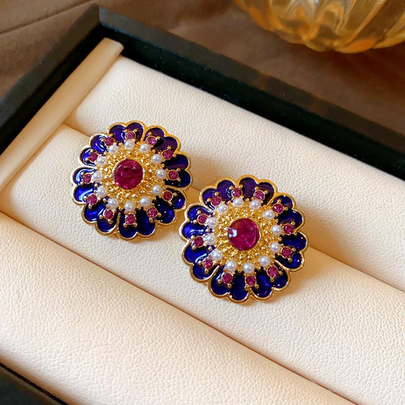 Boucles d'oreilles puces émaillées florales rétro - Luxe léger chic & polyvalent - IVOIRART.COM