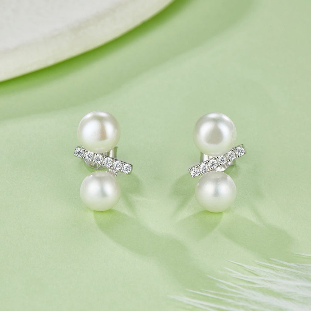 Boucles d’Oreilles Puces en Argent Sterling S925 avec Perle d’Eau Douce Naturelle, Design Géométrique Barrette, 1g Léger, Plaqué Or Platine, Coffret Cadeau - IVOIRART.COM
