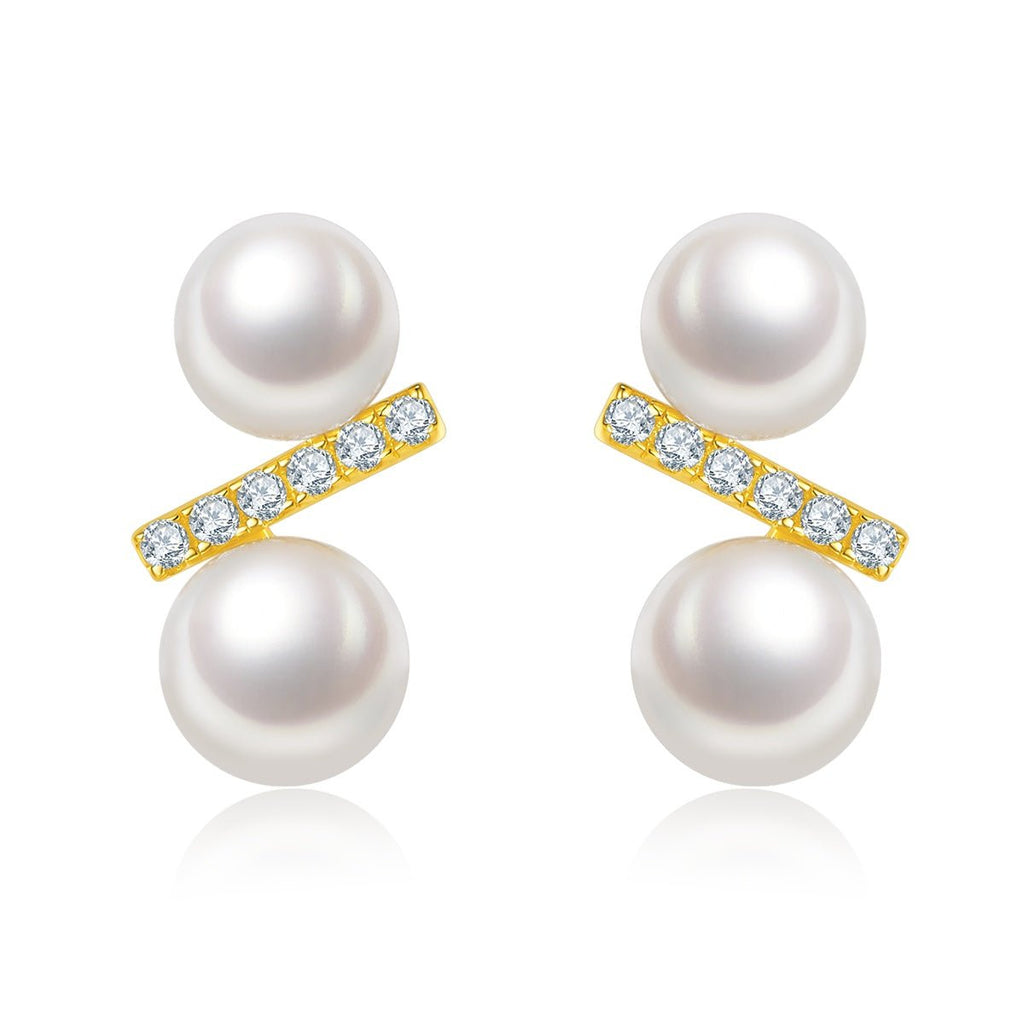 Boucles d’Oreilles Puces en Argent Sterling S925 avec Perle d’Eau Douce Naturelle, Design Géométrique Barrette, 1g Léger, Plaqué Or Platine, Coffret Cadeau - IVOIRART.COM
