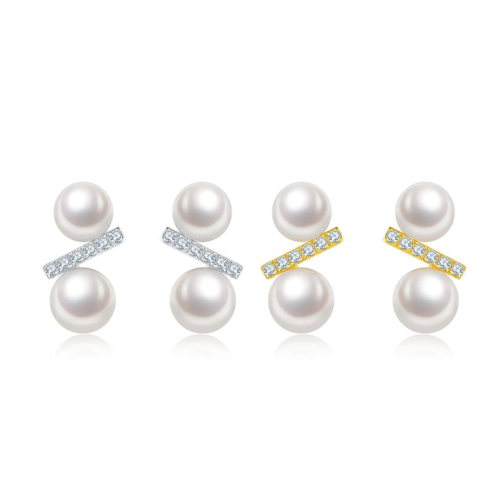 Boucles d’Oreilles Puces en Argent Sterling S925 avec Perle d’Eau Douce Naturelle, Design Géométrique Barrette, 1g Léger, Plaqué Or Platine, Coffret Cadeau - IVOIRART.COM