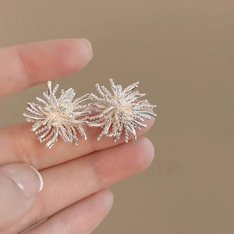 Boucles d'oreilles Puces Feu d'artifice en Argent Pur S999, Pissenlit de Luxe à Design Unique - IVOIRART.COM