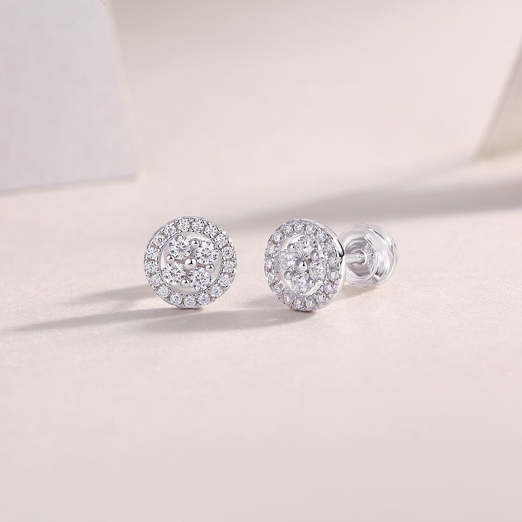 Boucles d'oreilles puces halo rondes S925 argent sterling Moissanite D-VVS1 Plat. - IVOIRART.COM