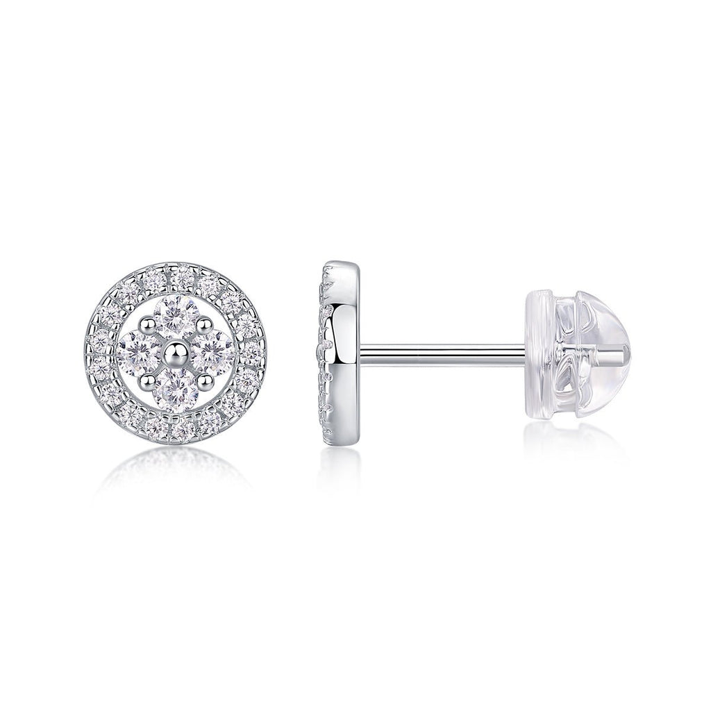 Boucles d'oreilles puces halo rondes S925 argent sterling Moissanite D-VVS1 Plat. - IVOIRART.COM