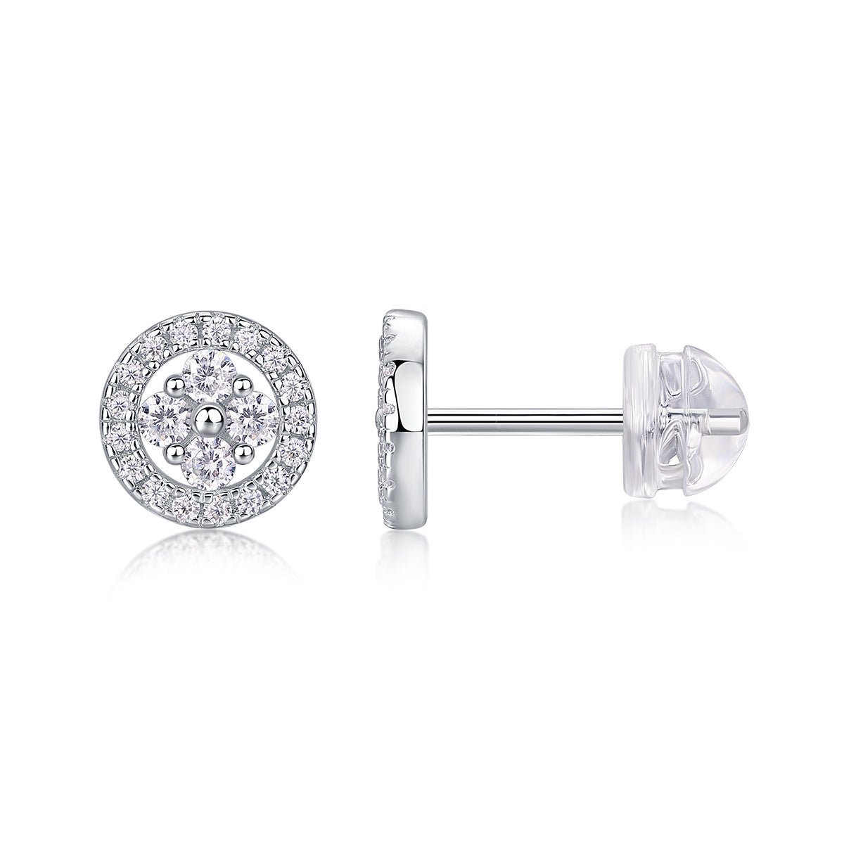 Boucles d'oreilles puces halo rondes S925 argent sterling Moissanite D-VVS1 Plat. - IVOIRART.COM