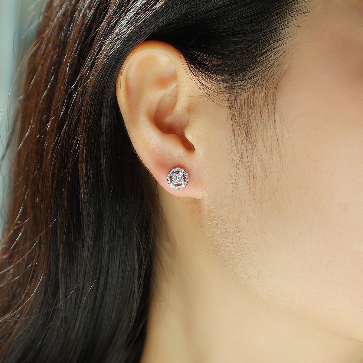 Boucles d'oreilles puces halo rondes S925 argent sterling Moissanite D-VVS1 Plat. - IVOIRART.COM