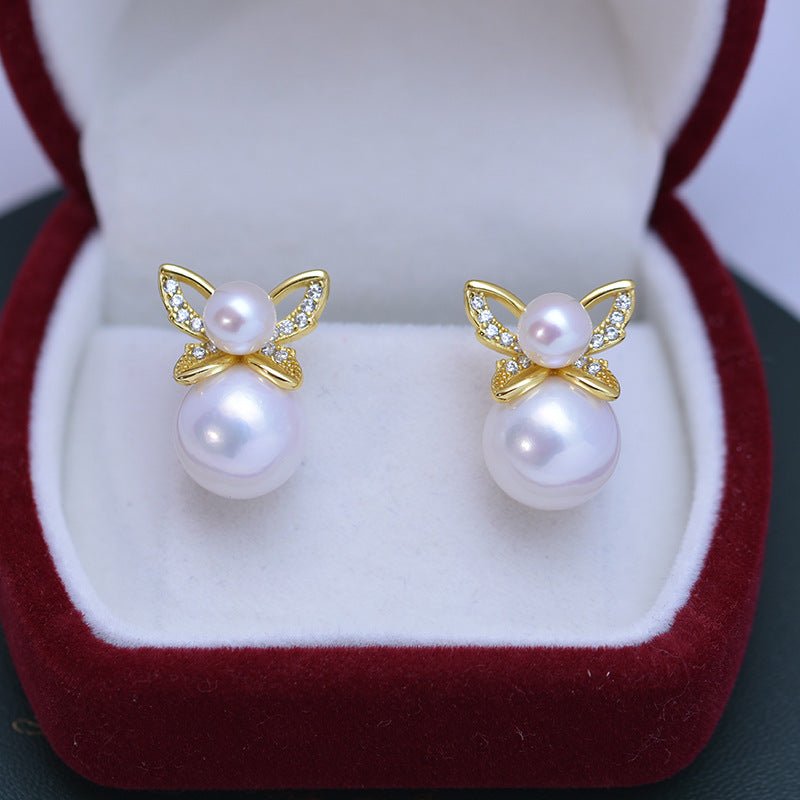 Boucles d’oreilles puces papillon perles d'eau douce blanches double cercle - IVOIRART.COM