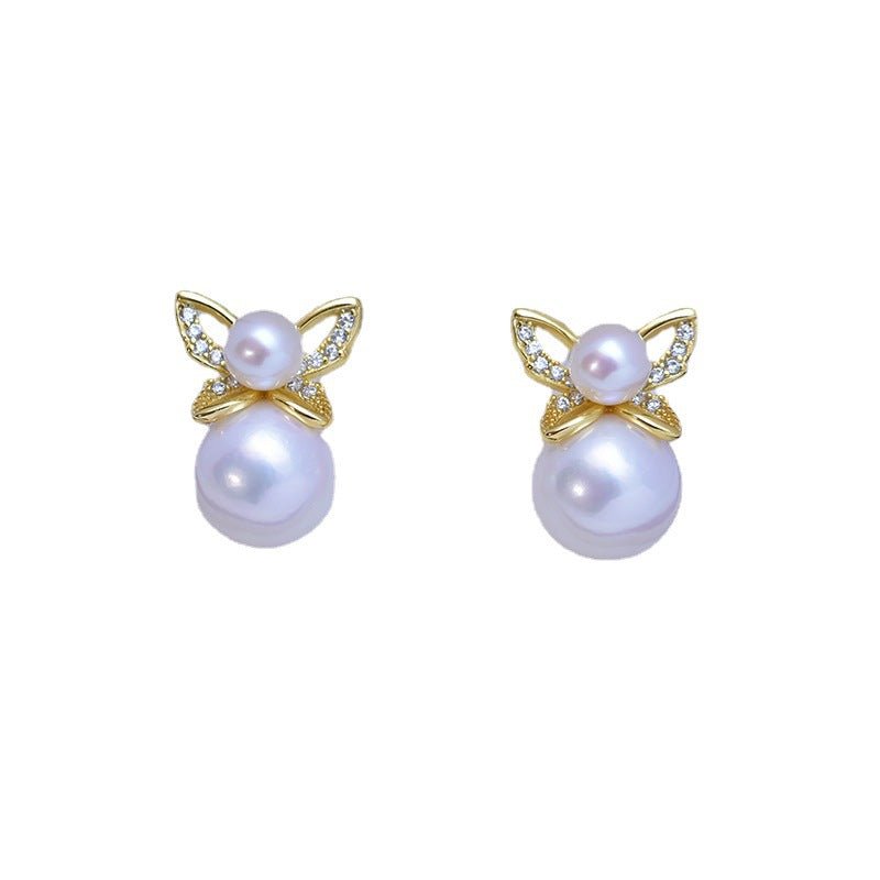 Boucles d’oreilles puces papillon perles d'eau douce blanches double cercle - IVOIRART.COM