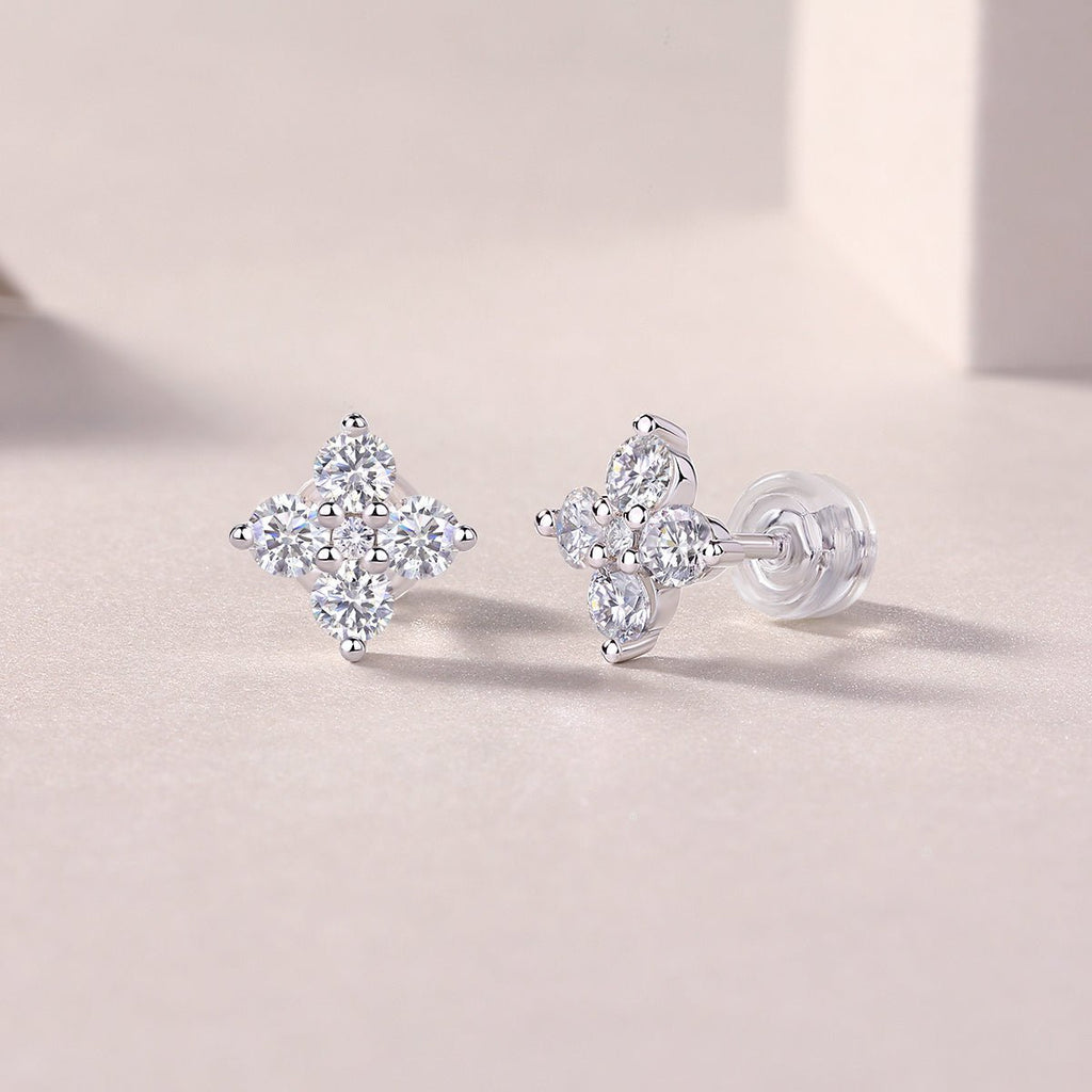 Boucles d'oreilles puces trèfle S925 argent plaqué or Moissanite D-VVS1 1,2g Box - IVOIRART.COM