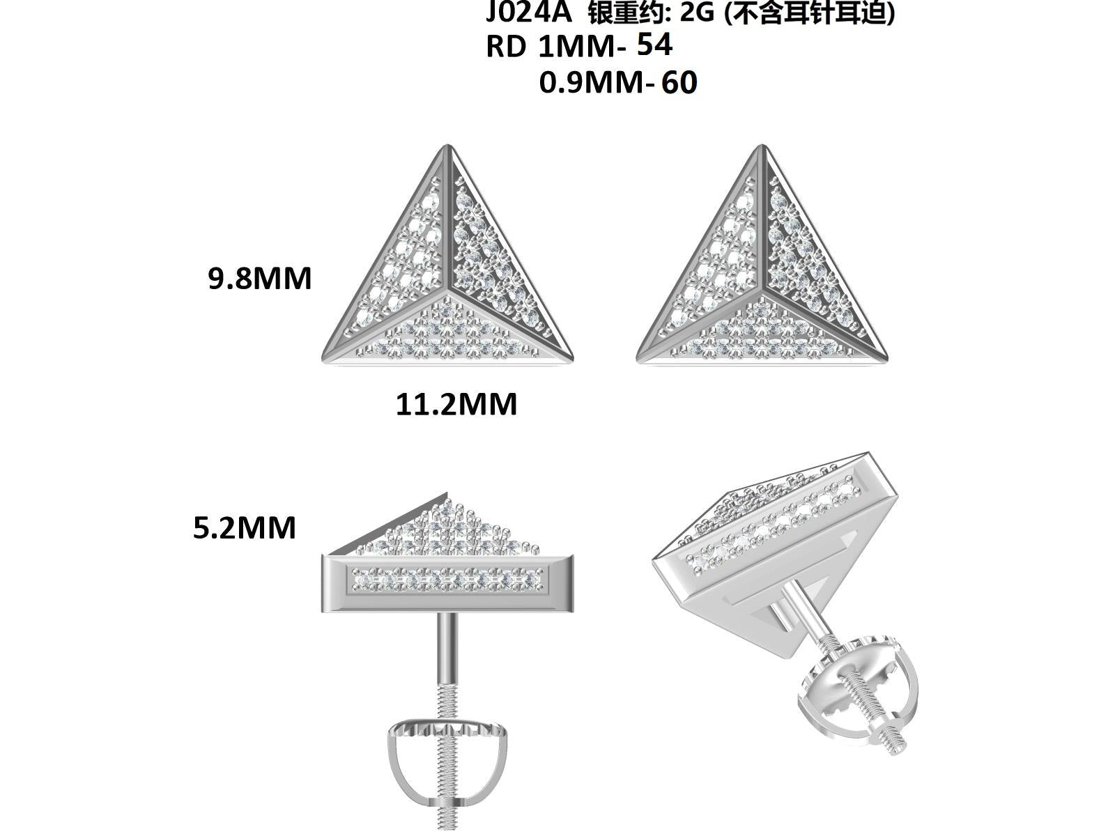 Boucles d'oreilles puces triangulaires S925 en argent sterling, 114 moissanites D VVS1, pyramide 3D, fermoirs à vis hypoallergéniques, certificat GRA, coffret cadeau - IVOIRART.COM