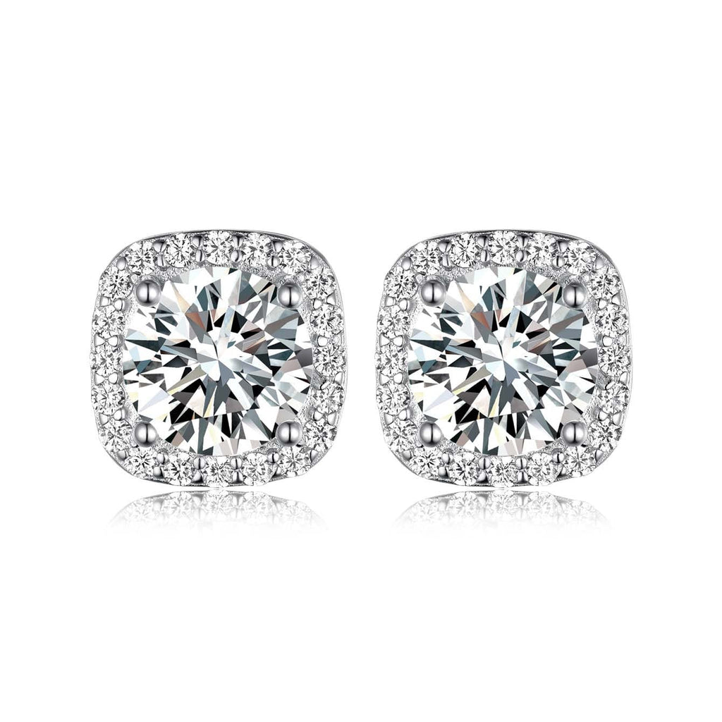 Boucles d'oreilles S925 Argent Cushion Halo Moissanite 7mm D-VVS1 Plaqué Platine. - IVOIRART.COM