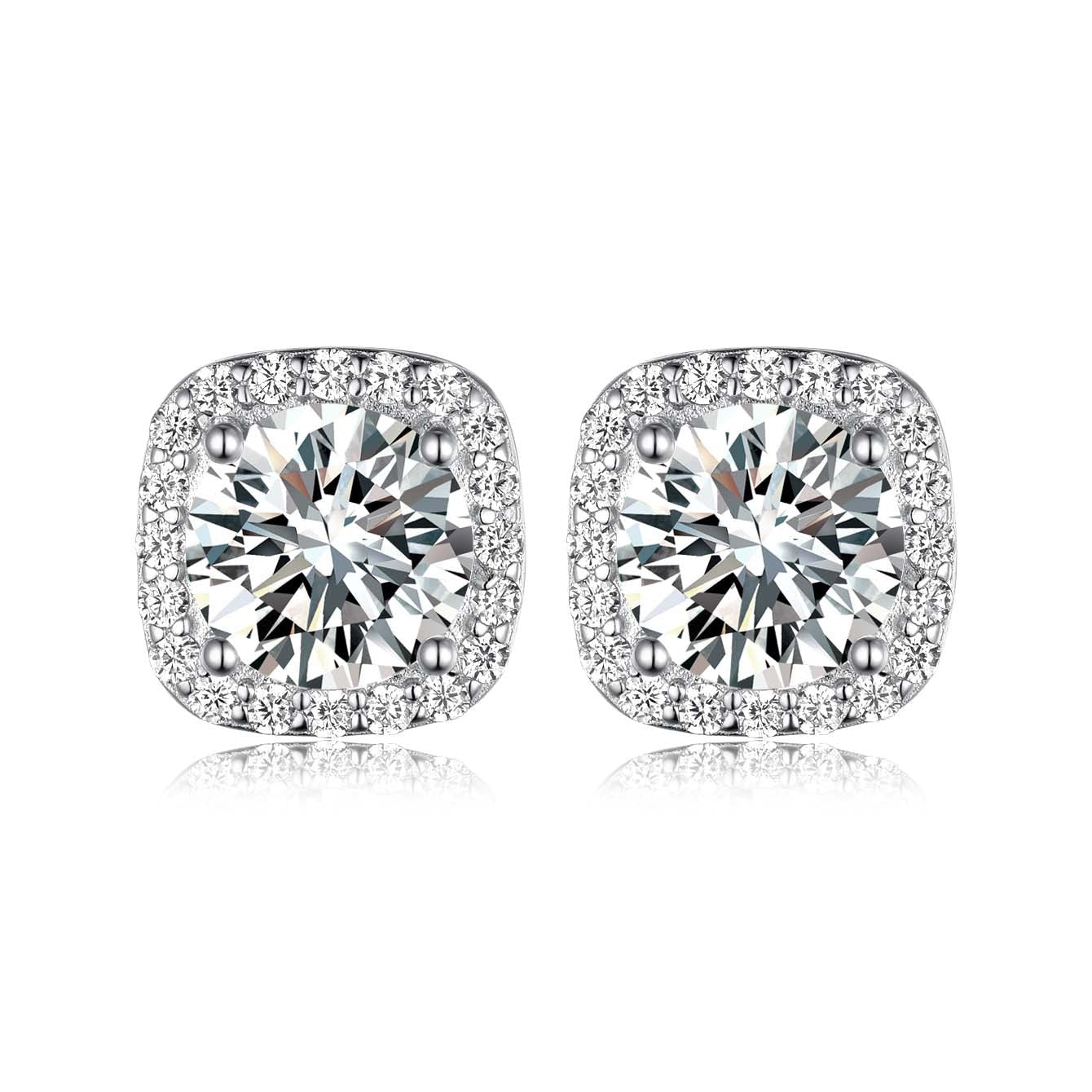 Boucles d'oreilles S925 Argent Cushion Halo Moissanite 7mm D-VVS1 Plaqué Platine. - IVOIRART.COM