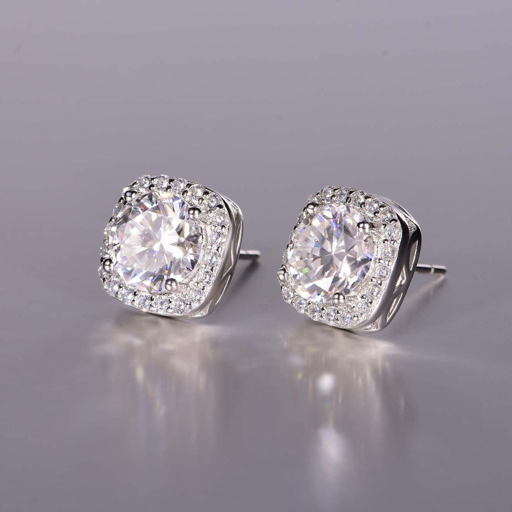 Boucles d'oreilles S925 Argent Cushion Halo Moissanite 7mm D-VVS1 Plaqué Platine. - IVOIRART.COM