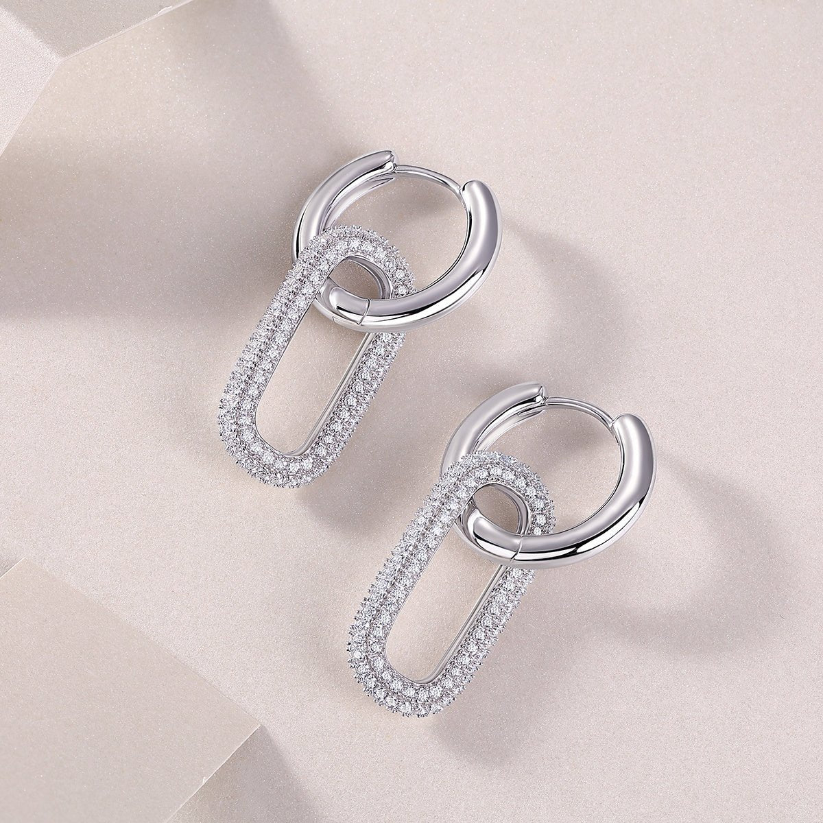 Boucles d'oreilles S925 argent maillons géométriques, moissanite D-VVS1, platine - IVOIRART.COM