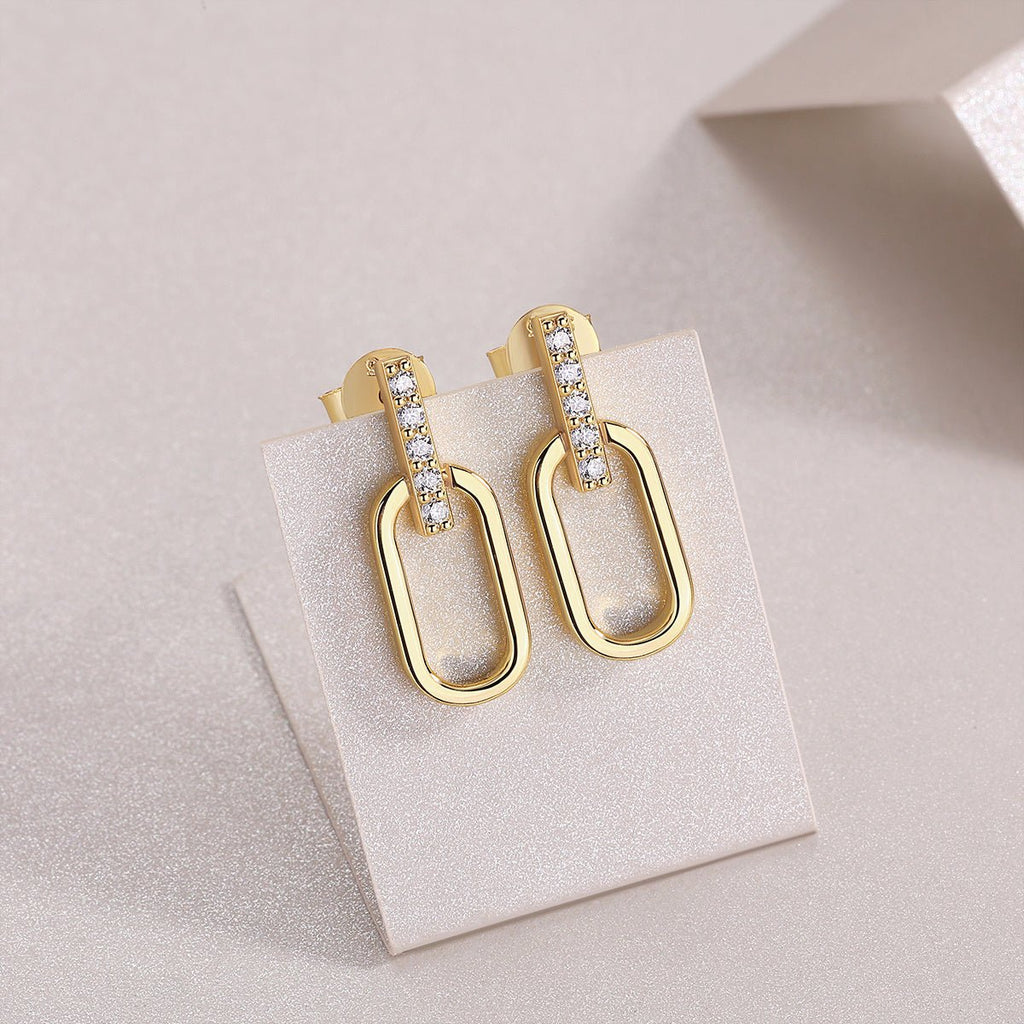 Boucles d'oreilles S925 plaqué or barrette moissanite D-VVS1, maillon géométrique - IVOIRART.COM
