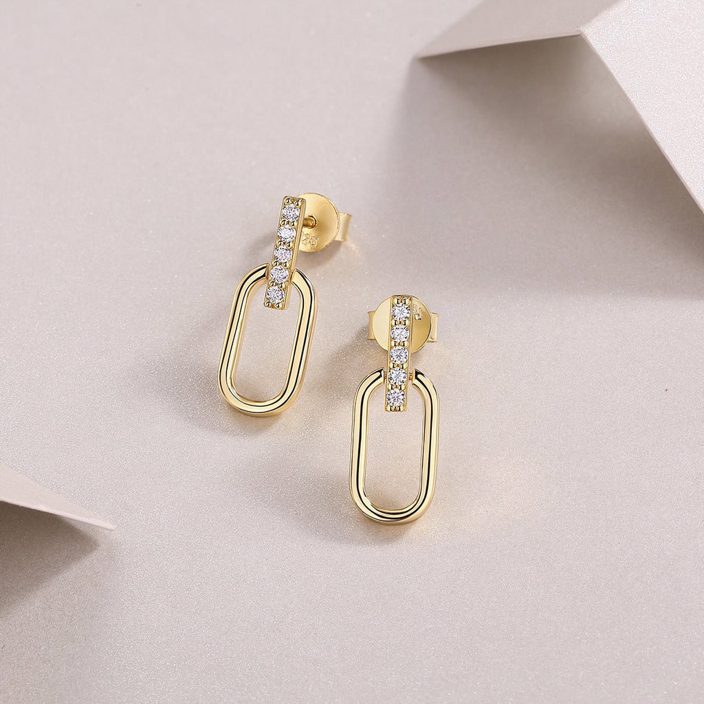 Boucles d'oreilles S925 plaqué or barrette moissanite D-VVS1, maillon géométrique - IVOIRART.COM