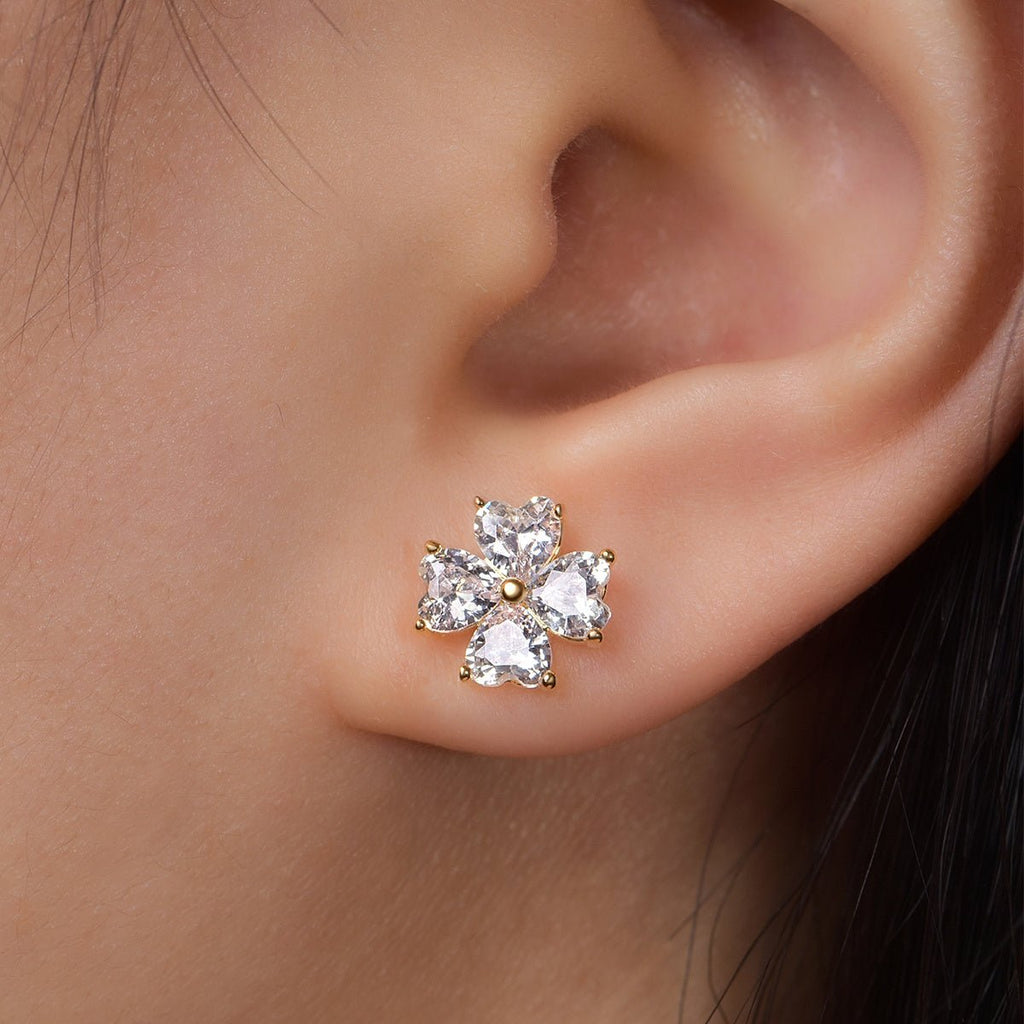 Boucles d'oreilles trèfle cœur S925 en argent, Moissanite 4x4mm, plaquée platine - IVOIRART.COM