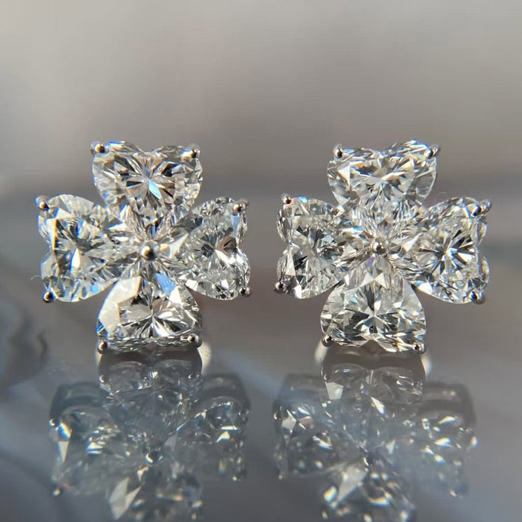 Boucles d'oreilles trèfle cœur S925 en argent, Moissanite 4x4mm, plaquée platine - IVOIRART.COM