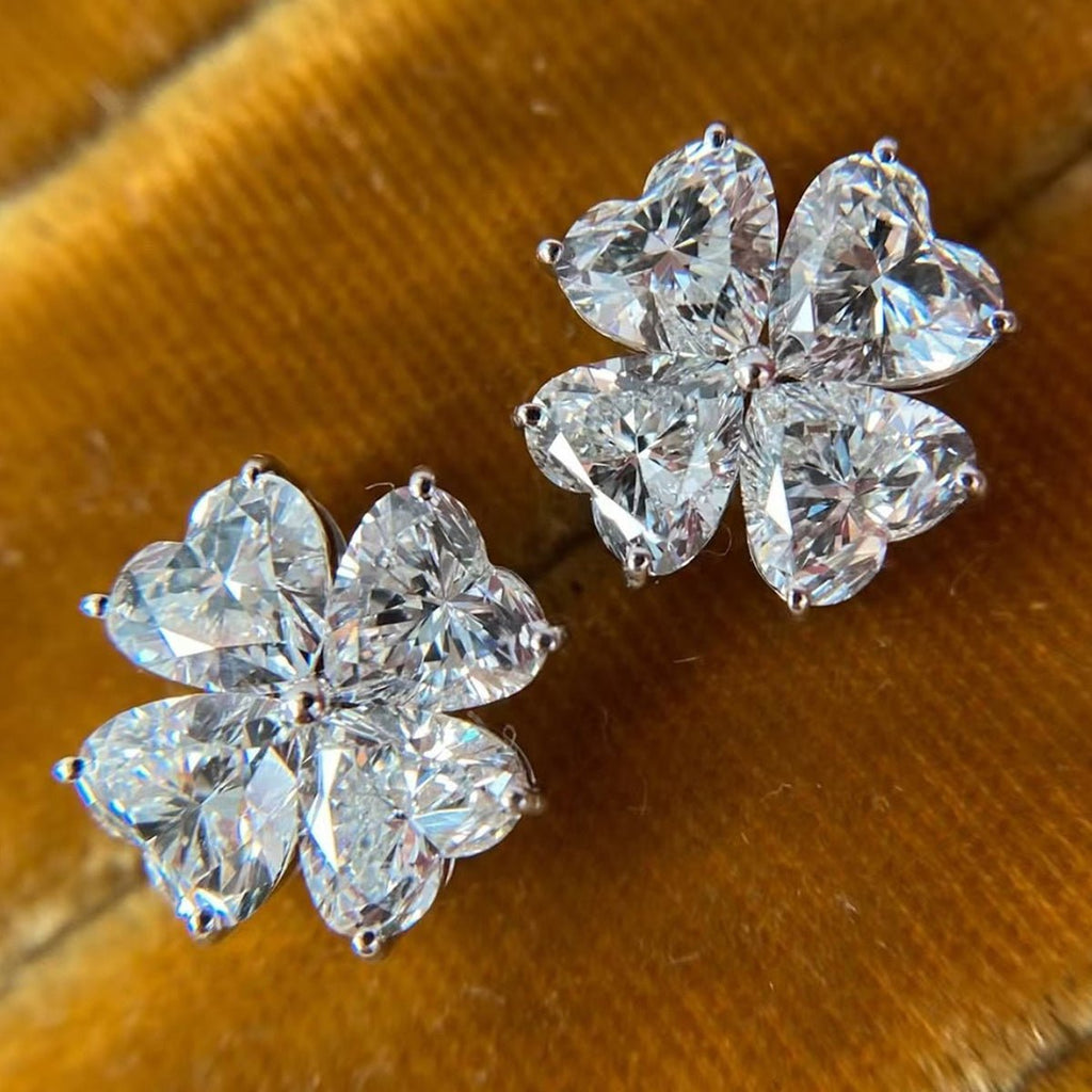 Boucles d'oreilles trèfle cœur S925 en argent, Moissanite 4x4mm, plaquée platine - IVOIRART.COM