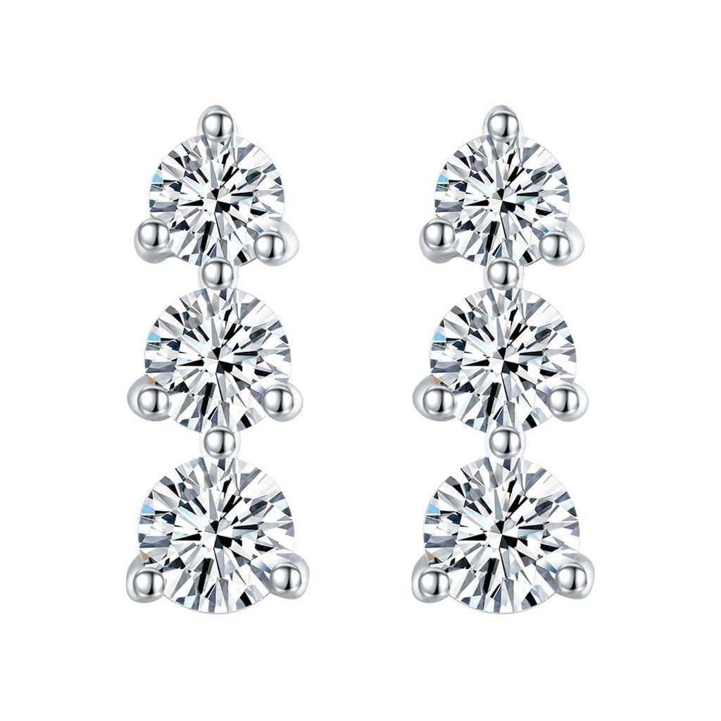 Boucles d'oreilles trois pierres en argent sterling S925 Moissanite rondes serties avec dos à vis et certificat GRA - IVOIRART.COM