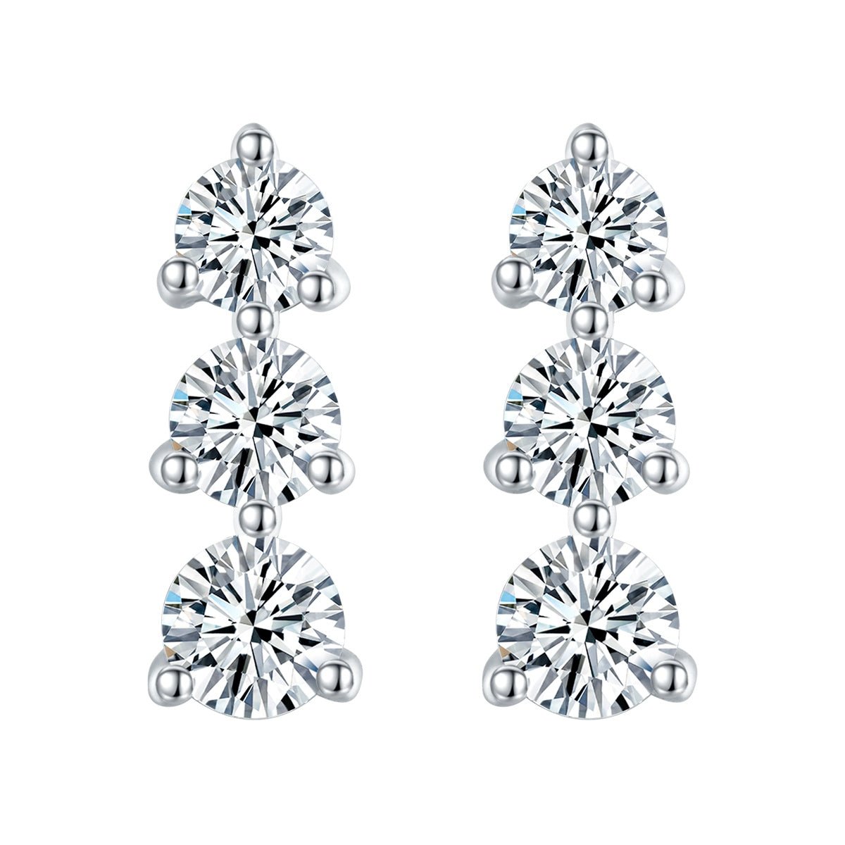 Boucles d'oreilles trois pierres en argent sterling S925 Moissanite rondes serties avec dos à vis et certificat GRA - IVOIRART.COM