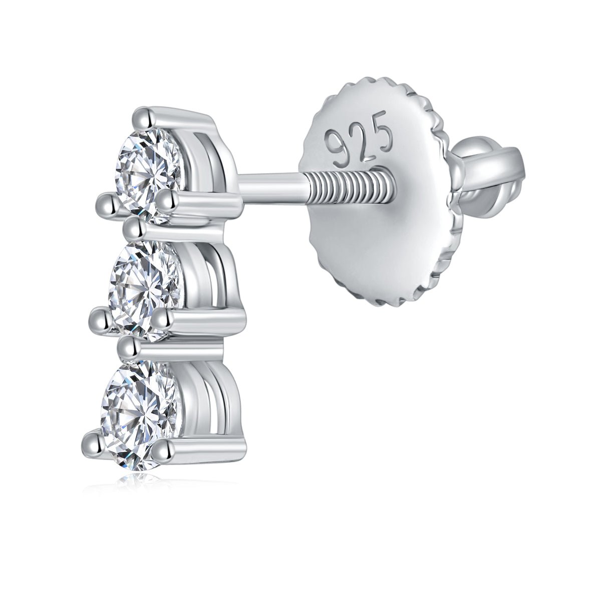 Boucles d'oreilles trois pierres en argent sterling S925 Moissanite rondes serties avec dos à vis et certificat GRA - IVOIRART.COM