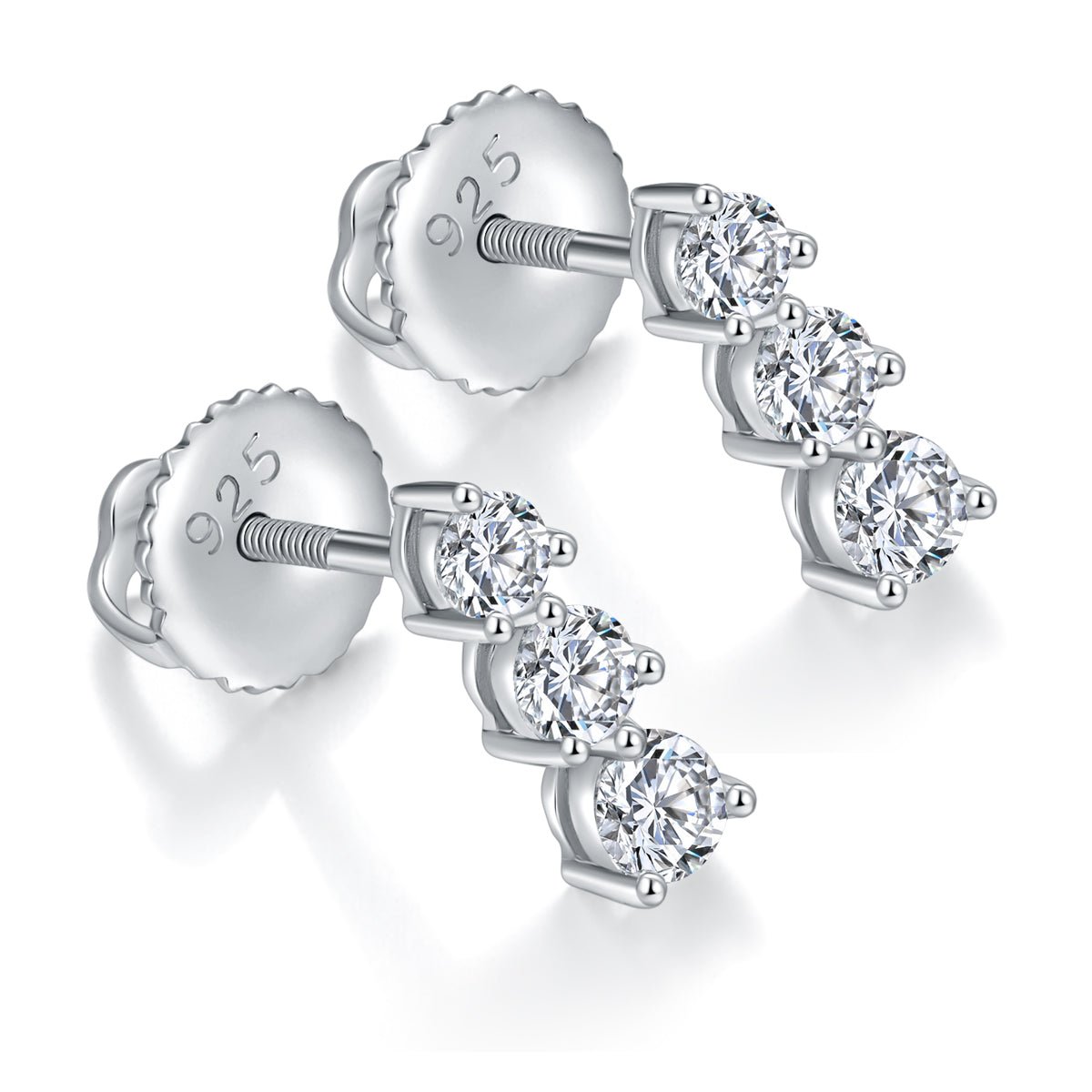 Boucles d'oreilles trois pierres en argent sterling S925 Moissanite rondes serties avec dos à vis et certificat GRA - IVOIRART.COM