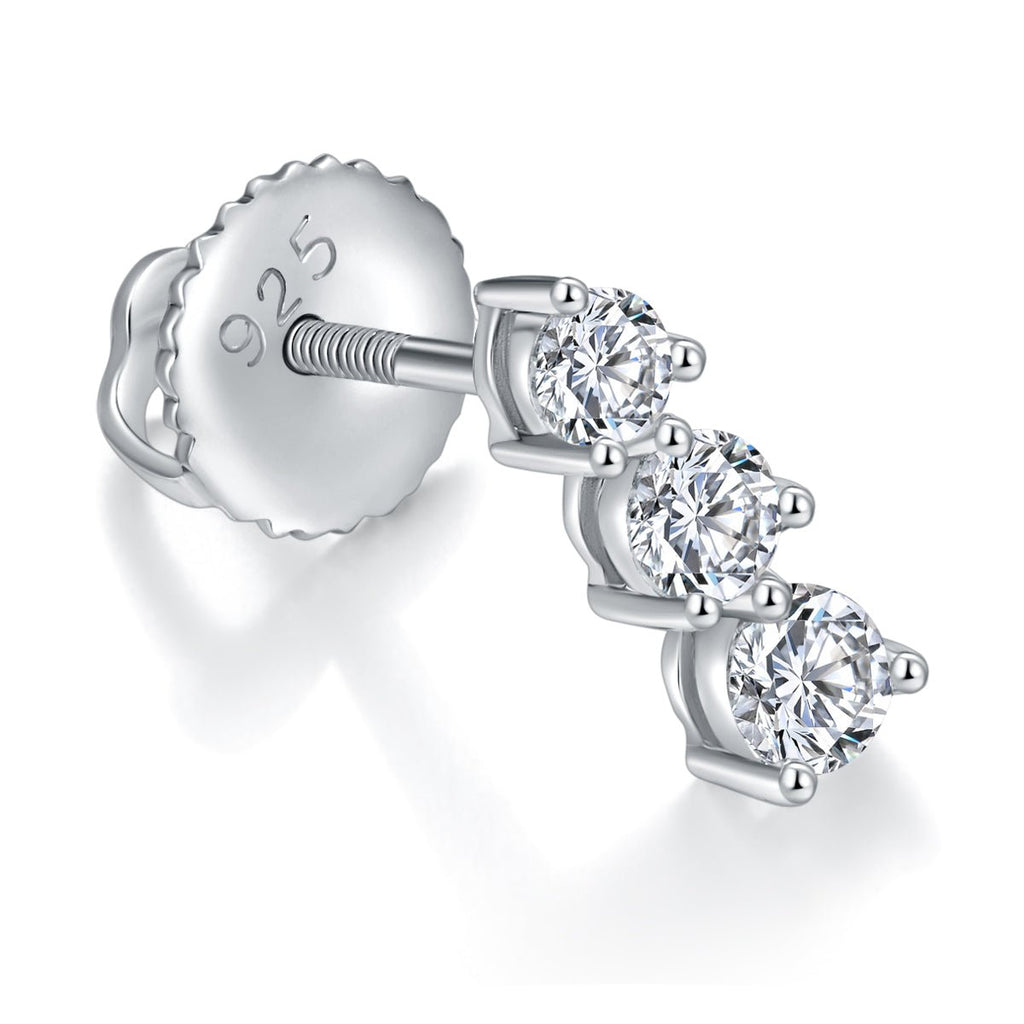 Boucles d'oreilles trois pierres en argent sterling S925 Moissanite rondes serties avec dos à vis et certificat GRA - IVOIRART.COM