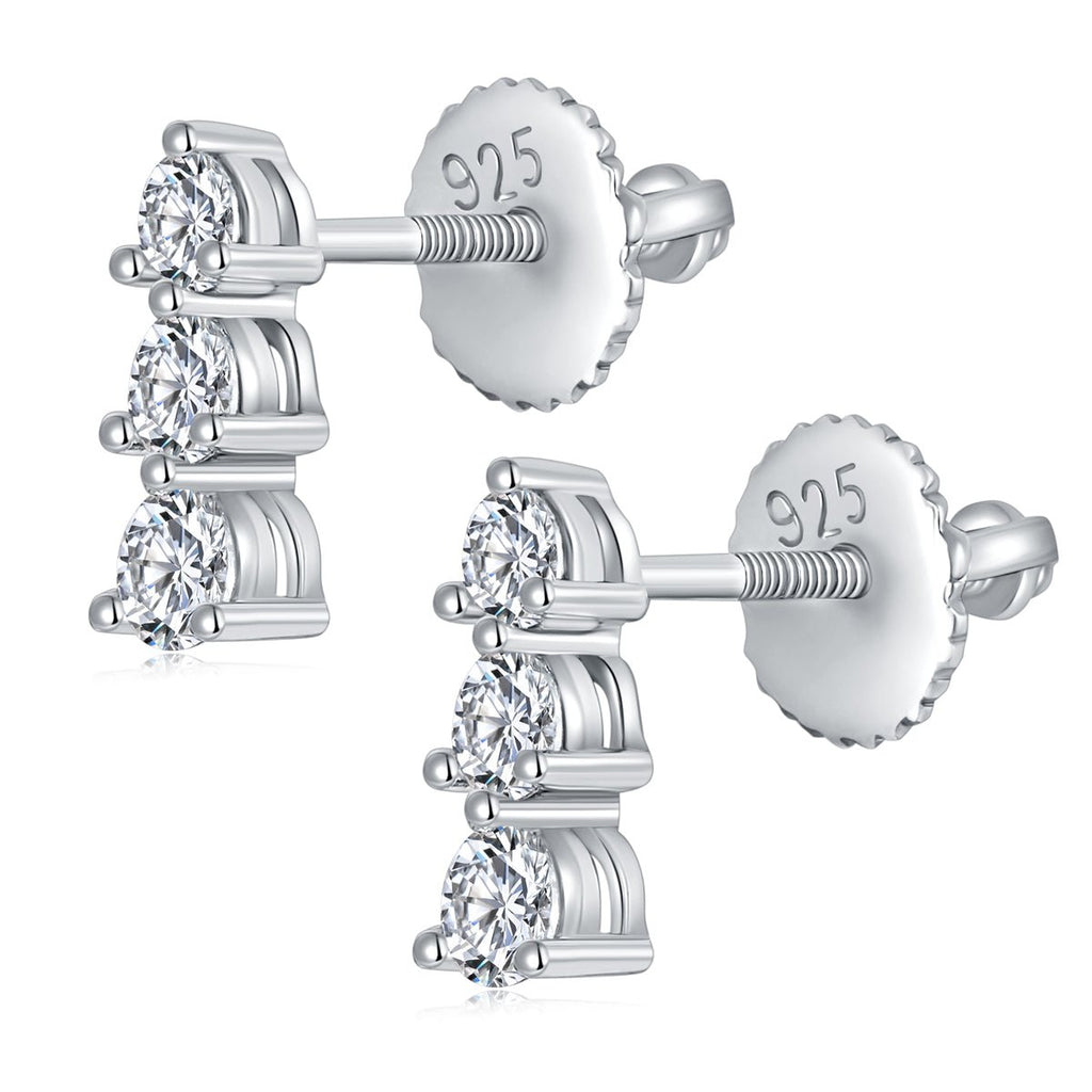 Boucles d'oreilles trois pierres en argent sterling S925 Moissanite rondes serties avec dos à vis et certificat GRA - IVOIRART.COM