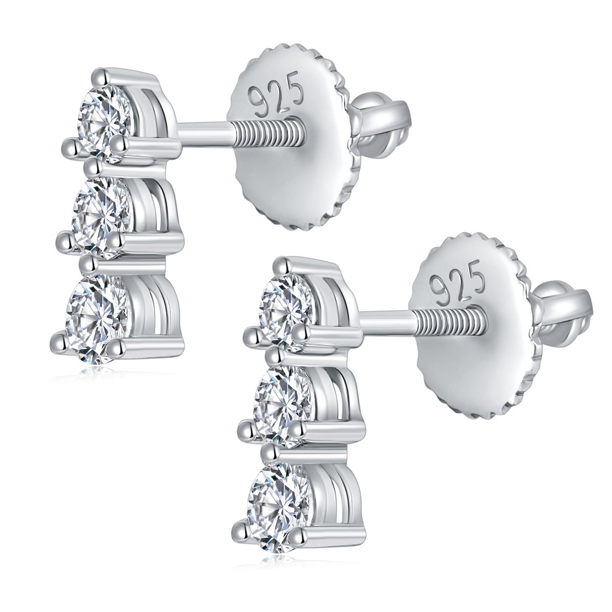 Boucles d'oreilles trois pierres en argent sterling S925 Moissanite rondes serties avec dos à vis et certificat GRA - IVOIRART.COM