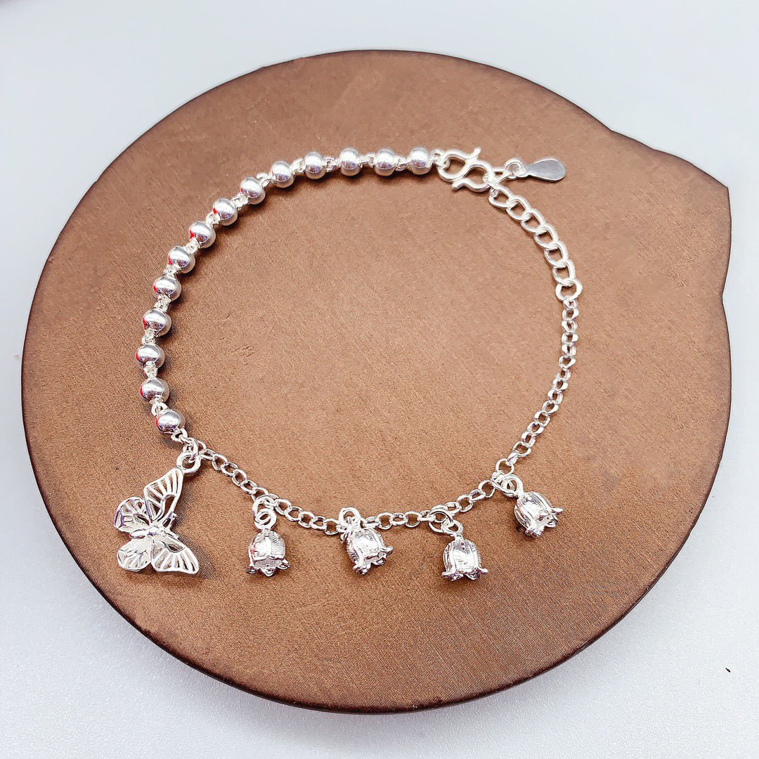Bracelet 1 pièce en argent sterling 999 à perles, clochettes et papillons - style romantique élégant, cadeau idéal anniversaire et fêtes - IVOIRART.COM