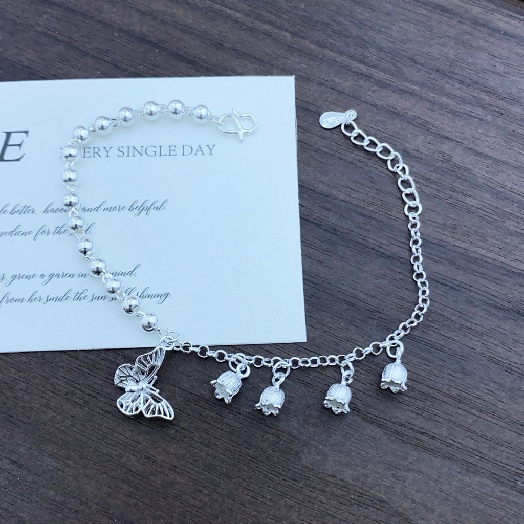 Bracelet 1 pièce en argent sterling 999 à perles, clochettes et papillons - style romantique élégant, cadeau idéal anniversaire et fêtes - IVOIRART.COM
