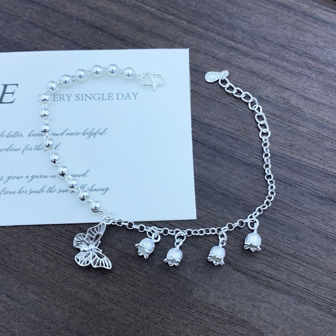 Bracelet 1 pièce en argent sterling 999 à perles, clochettes et papillons - style romantique élégant, cadeau idéal anniversaire et fêtes - IVOIRART.COM