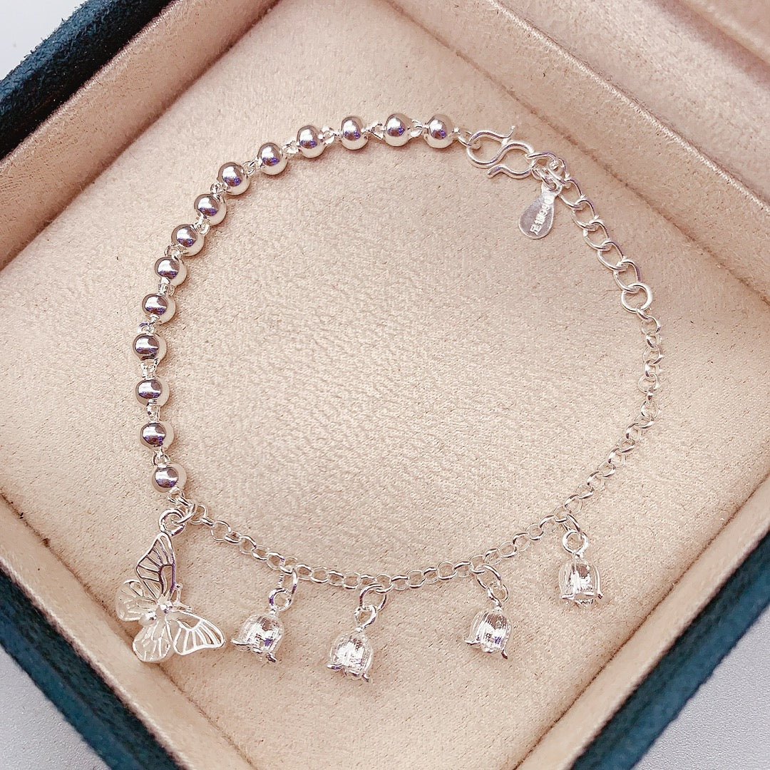 Bracelet 1 pièce en argent sterling 999 à perles, clochettes et papillons - style romantique élégant, cadeau idéal anniversaire et fêtes - IVOIRART.COM